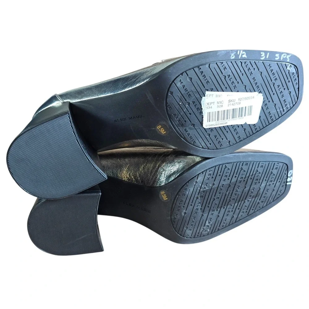 Alex Marie Silver Metallic Leather Block Heel Loafers Square Toe‎ Woman 8.5M NEW